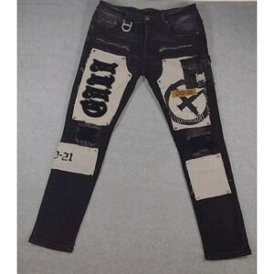 Gala Rocker Goth Grunge Patch Work Black  Denim Jeans Men's Sz 36x32